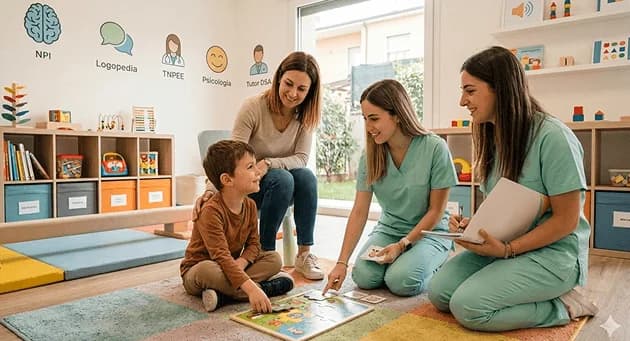 Bambino insieme alla mamma e alle terapiste durante una seduta di terapia