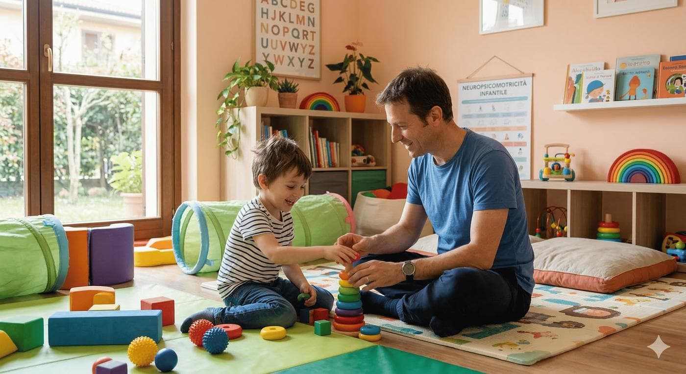 Terapista neuropsicomotricista gioca con un bambino