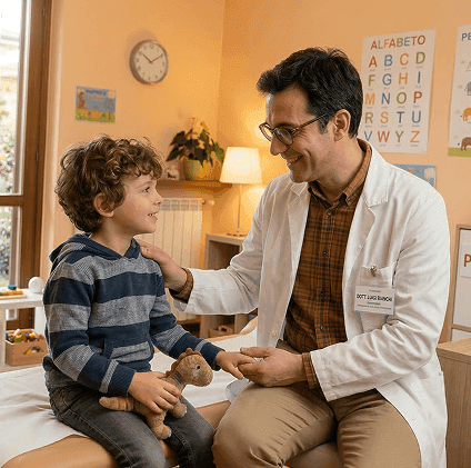Pediatra che visita un bambino felice